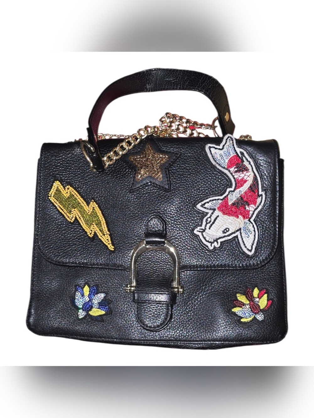 Sam Edelman Black Leather Embroidered Patch Satchel with Gold Chain